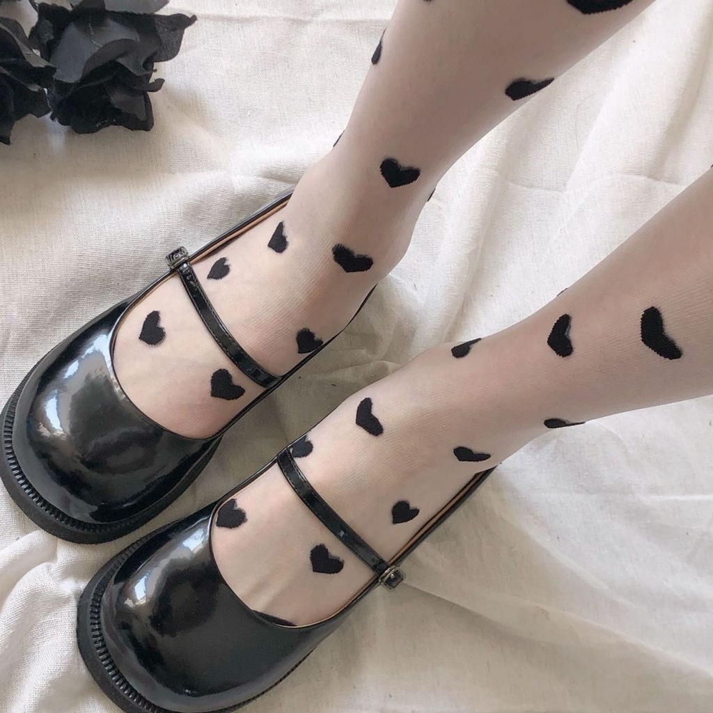 Tất Bắp Chân Vải Lụa Màu Đen In Hình Trái Tim Ngọt Ngào Phong Cách lolita Dễ Phối Đồ Thời Trang Xuân Thu Cho Nữ