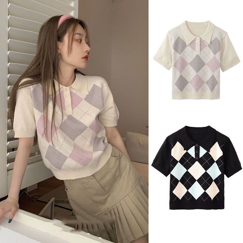 【ready stock】Áo Thun Polo Ngắn Tay Họa Tiết Sọc Caro Phong Cách Retro Hàn Quốc Có 2 Màu