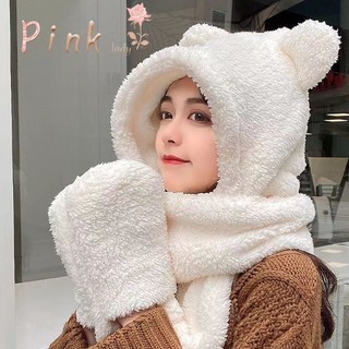 Mũ lông cừu tai gấu 3 in 1 kèm khăn quàng cổ và găng tay ấm áp cho nữ mùa đông