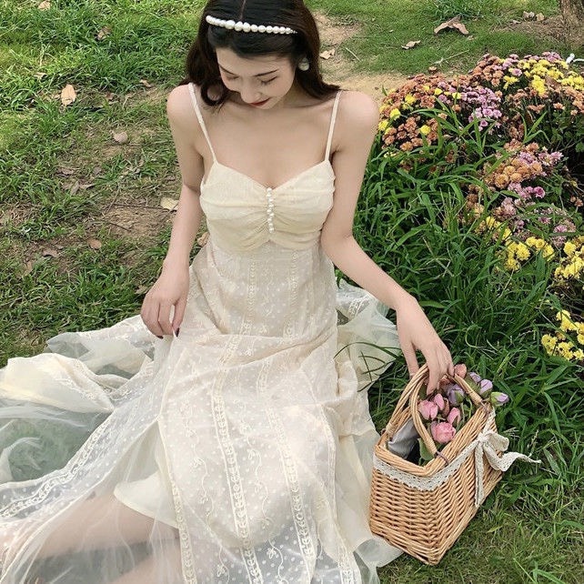 Đầm dự tiệc hai dây dáng dài Vintage tiểu thư sang chảnh thời trang-7shine