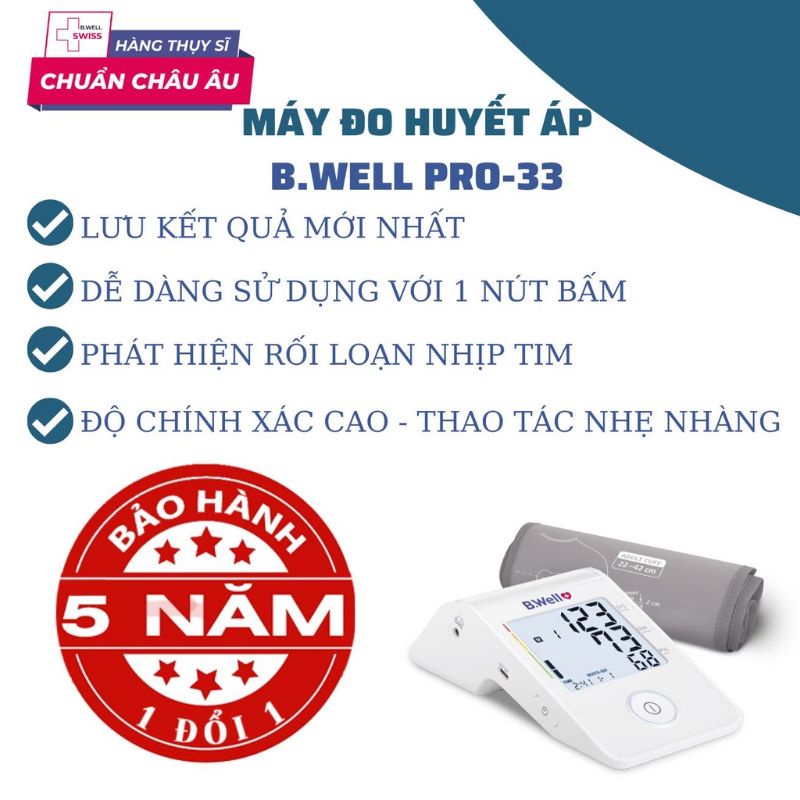 [Chính Hãng] Máy đo huyết áp bắp tay Bwell Swiss Pro 33 - Hàng sản xuất tại Thụy Sĩ chính hãng