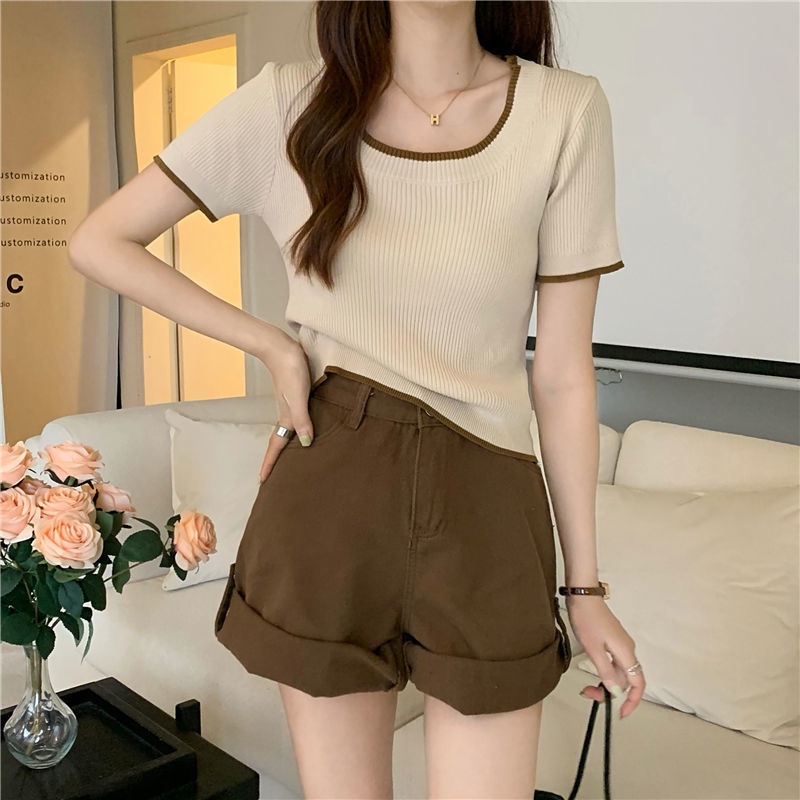 Áo thun gân nữ Tay ngắn Cổ vuông Retro Hàn Quốc Áo phông nữ Ngắn tay Len tăm mỏng Thời trang