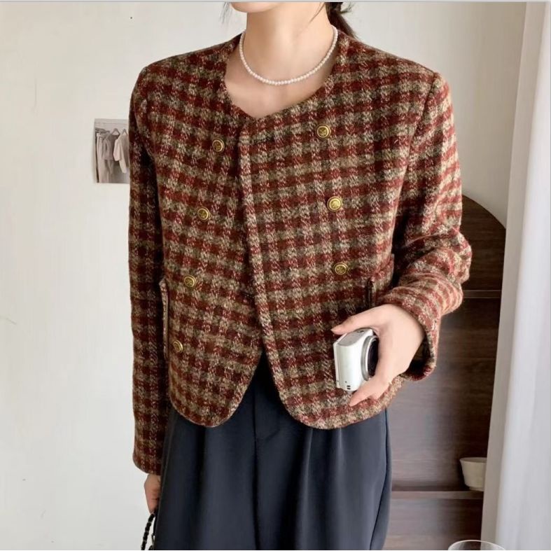 Plus Áo Khoác Cotton Ngắn Kẻ Sọc Caro Tay Dài Cổ Tròn Hai Hàng Nút Cài Thời Trang Thu Đông Hàn Quốc 2022 Cho Bạn Gái