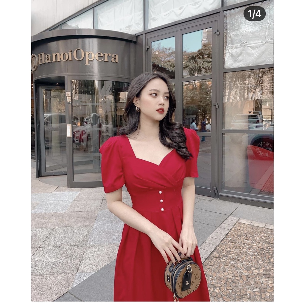 ĐẦM MIDI ĐỎ CỔ TIM NGỰC XẾP ĐÍNH 3 HẠT