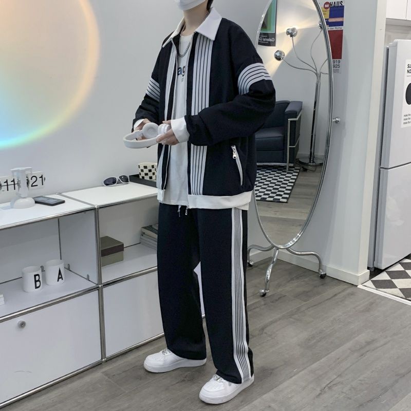 Bộ Đồ Thể Thao Hai Mảnh Áo Khoác Cardigan Phối Quần Ống Rộng Họa Tiết Kẻ Sọc Màu Sắc Phong Cách Hàn Quốc Thời Trang Xuân Thu Cho Nam Và Nữ