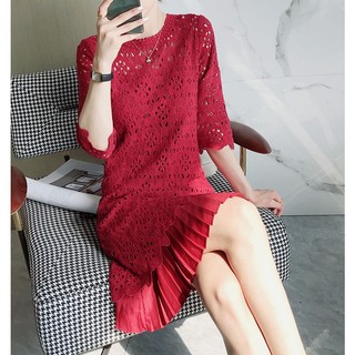 Thời Trang Thanh Lịch Đầm Ren Phong Cách Mới Plus Kích Thước Quần Áo Nữ Rời Tính Khí Rỗng Giữa Chiều Dài Màu Be Đỏ