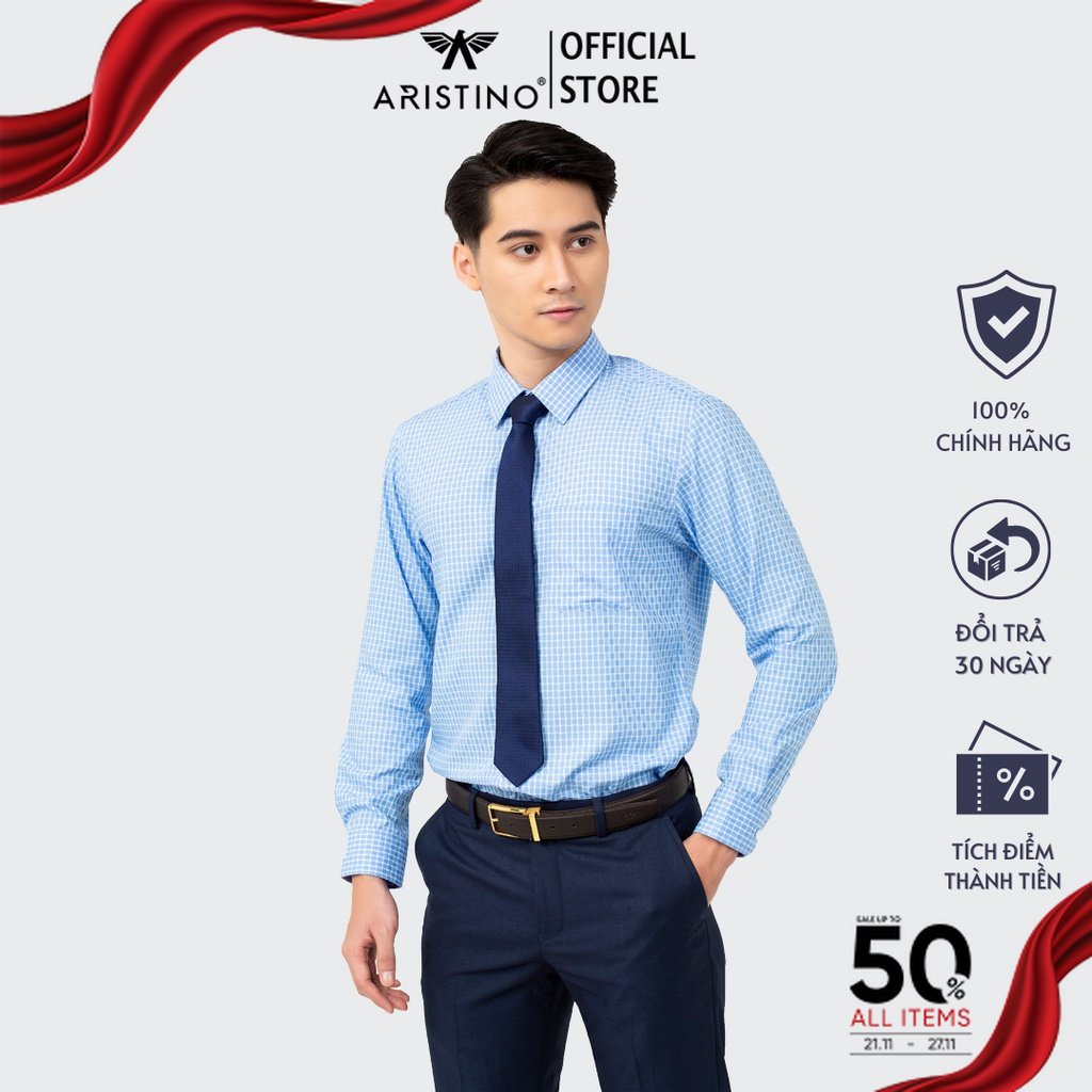 [MẪU MỚI] Áo sơ mi nam dài tay ARISTINO phom Regular fit, họa tiết kẻ trắng xanh trẻ trung, lịch lãm - ALS33801