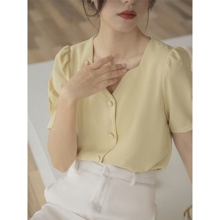 Sơ mi cộc tay cổ V tay bồng công sở lụa hàn