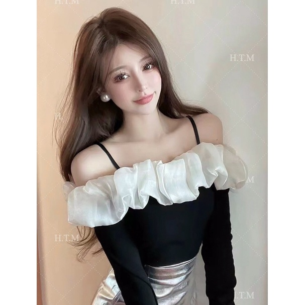 Áo kiểu tay dài trễ vai phối lưới thời trang cho nữ