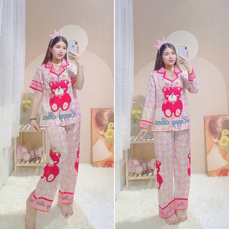 Set Pyjama Lụa Xước Ánh Kim Gấu Dâu Hồng