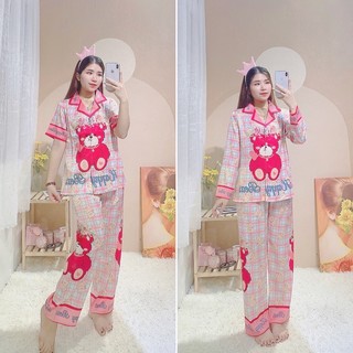 Set pyjama lụa xước ánh kim gấu dâu hồng