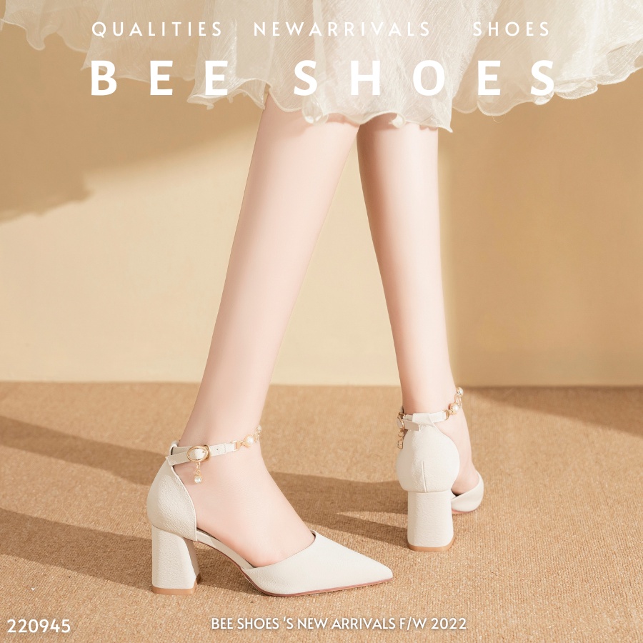 GIÀY CAO GÓT BEESHOES NỮ MŨI NHỌN - GIÀY CAO GÓT NỮ GÓT TRỤ CAO 7 PHÂN SẴN MÀU ĐEN - KEM 220945