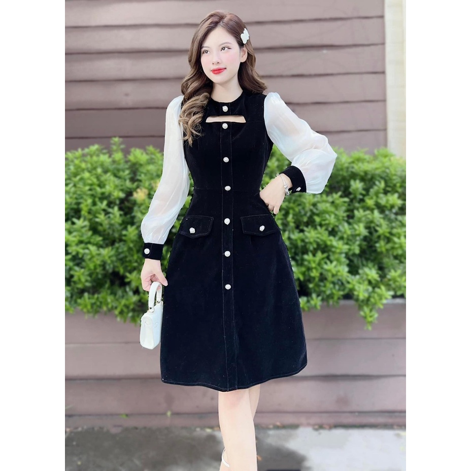 [11.11 Sale Freeship] Đầm thiết kế thời trang nữ đi tiệc,đầm đen tay phối trắng dài cổ tròn khoét ngực xiêu xinh mtb