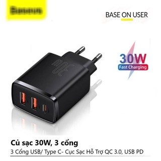 Củ sạc nhanh baseus 3 cổng c/pd và usb 30w hỗ trợ sạc nhanh