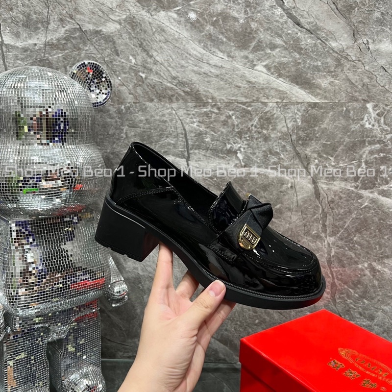 Giày moca nơ ngang mũi tròn da bóng gót vuông fullbox hàng quảng châu cao cấp
