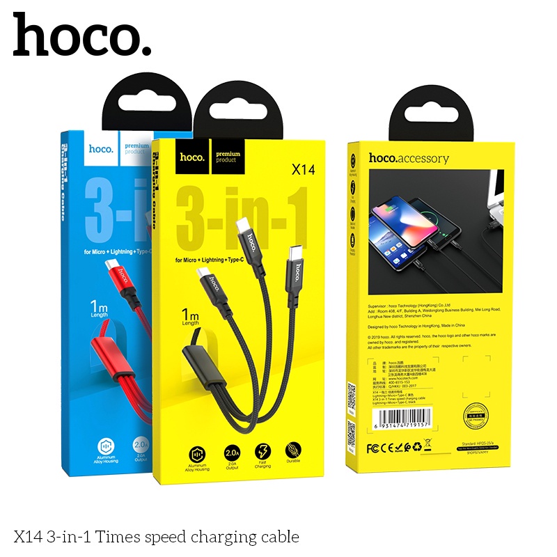 [Bh 12Th]Cáp Sạc Nhanh Siêu Bền 3 Đầu Chính Hãng Hoco X14 2.4A Dây Dài 1M Type C/Micro USB/Cho Ip6 7 8 Plus Xs Max