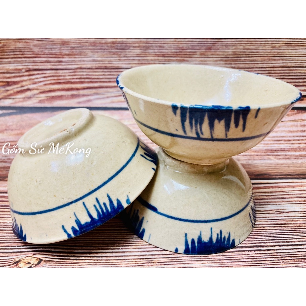 Chén hoạ tiết vẽ tay phết xanh kiểu gốm sứ Nam Bộ xưa Đường kính 10cm x 5cm
