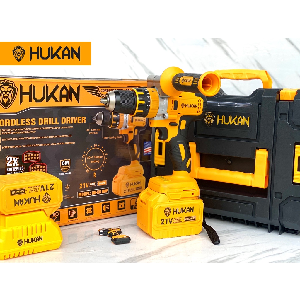 Máy khoan pin HUKAN X8 PRO 21V tặng kèm túi đựng trang bị pin chống cháy