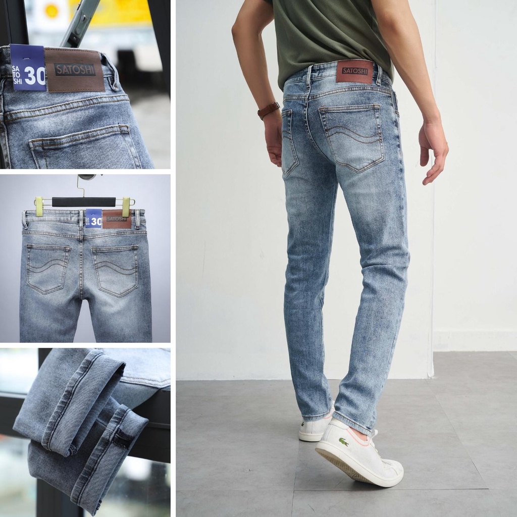 Quần Jean Nam Satoshi SAQJ68 dáng Slimfit chuẩn Xanh sáng wash trẻ trung dễ phối đồ