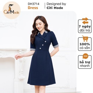 Đầm công sở CITI MODE FASHION thiết kế dáng A xanh cổ vest phối tay kẻ DH3714