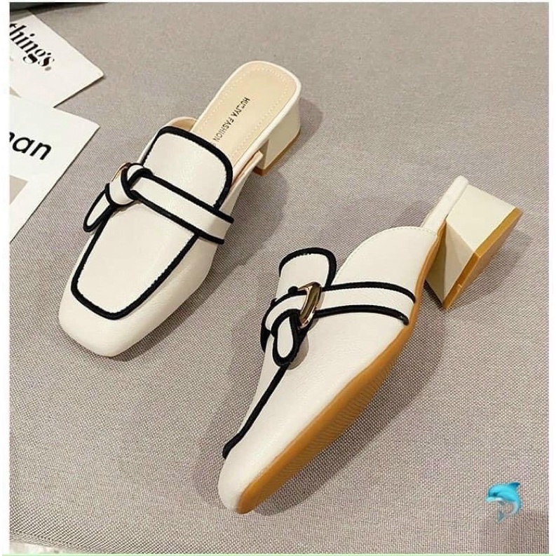 Sục da viền nơ gót vuông trắng đen