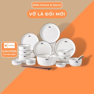 Bộ bát đĩa sứ trắng viền đen Minimal 32 món cho 6 người nhiều họa tiết