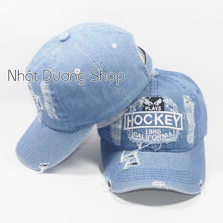 Mũ lưỡi trai, Nón kết jeans thêu chữ Hockey độc đáo - Nón jeans rách tua đẹp, cá tính, phù hợp cho cả nam và nữ