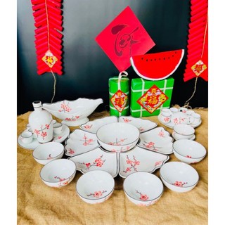 Bộ đồ ăn mặt trời cúng gia tiên hoa đào đỏ