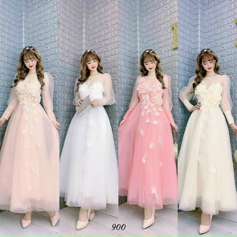 đầm xòe đính hoa tay phồng