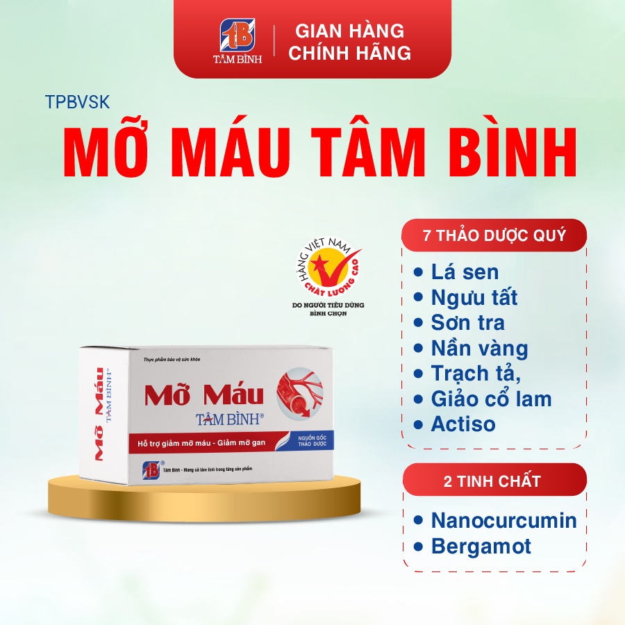 Viên uống Hỗ trợ giảm mỡ máu Tâm Bình, giảm cholesterol và triglyceride, hỗ trợ giảm nguy cơ xơ vữa mạch máu