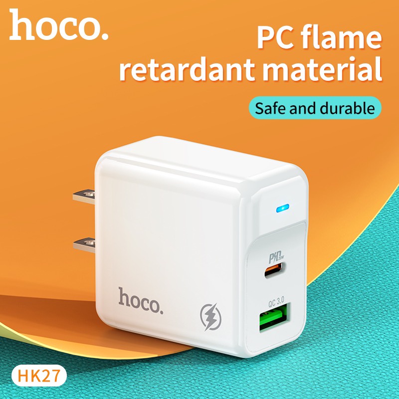 Cốc sạc 2 cổng USB Hoco HK27 chân dẹp QC3.0 18W và Type-C PD20W - Hãng phân phối