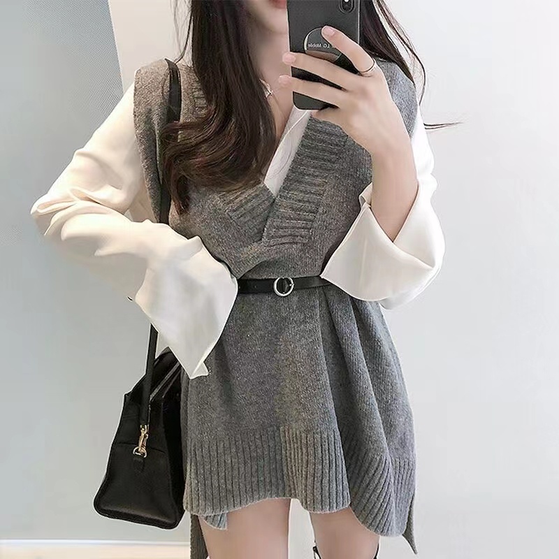 Áo dệt kim SUXI không tay phối thắt lưng phong cách Hàn Quốc thời trang thu đông cho nữ