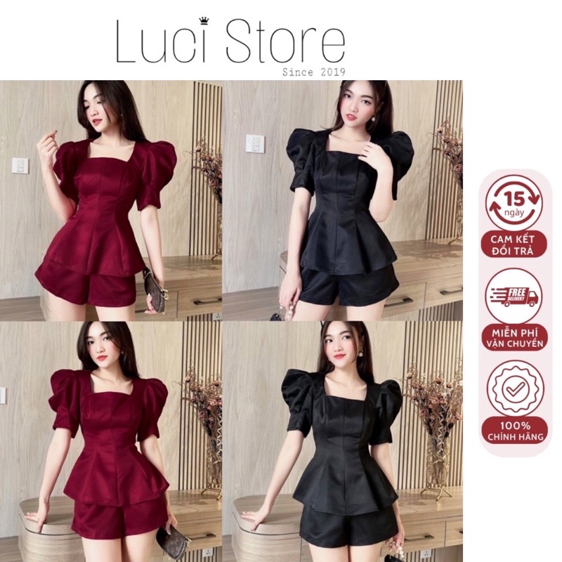 (Ảnh thật) Set bộ áo peplum tay phồng phối quần đùi hàng có size cho bạn nữ dạo phố