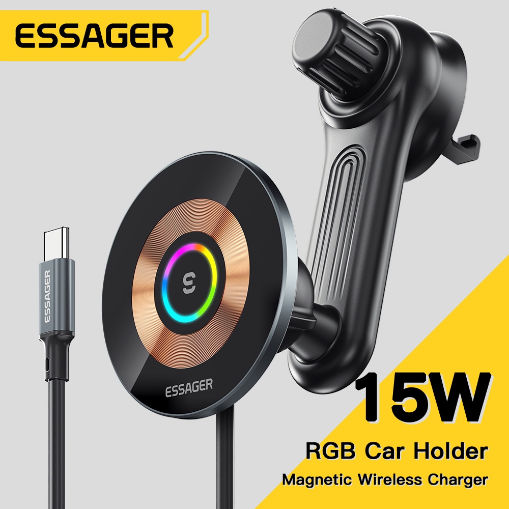 Giá đỡ điện thoại ESSAGER từ tính xoay 360° kiêm sạc nhanh không dây gắn xe hơi thích hợp cho iP 14 13 12 Pro Max