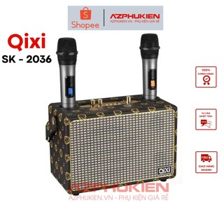 Loa karaoke bluetooth Qixi SK 2036, thùng gỗ bọc da có quai xách, kèm 2 micro không dây - Chính hãng bảo hành 12 tháng
