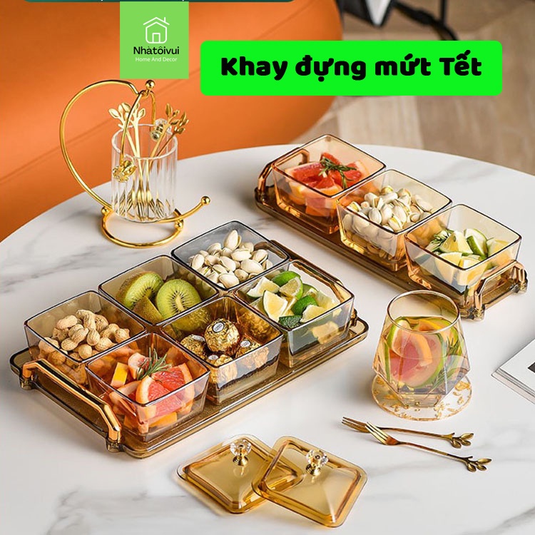 Khay đựng mứt Tết, Khay đựng bánh kẹo Tết bằng thủy tinh, nhựa acrylic màu hổ phách