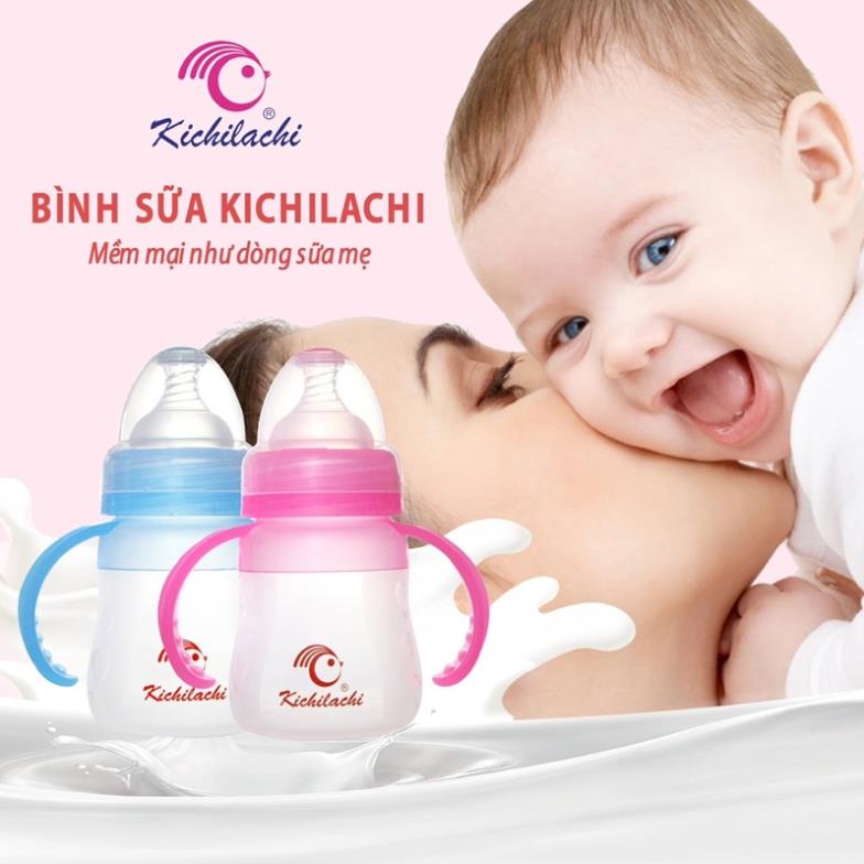 Bình Sữa Tráng Bạc Silicone Cổ Rộng Kichilachi Có Van Chống Sặc Siêu Mềm 150ml [ KÈM NÚM TI ]