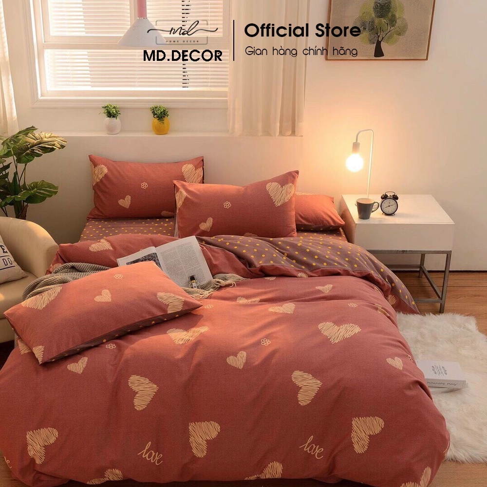 Bộ chăn ga gối cotton poly 5 món MD.Decor - Bedding họa tiết trái tim dễ thương nhiều kích thước nệm m6 m8