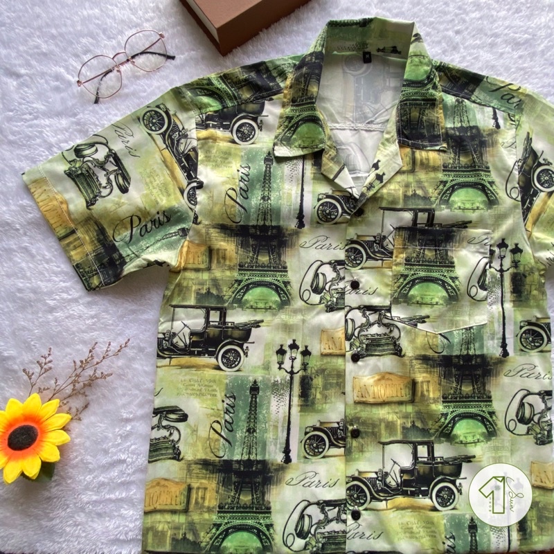 Áo sơ mi họa tiết Paris Tháp Eiffel Hawaii Vintage