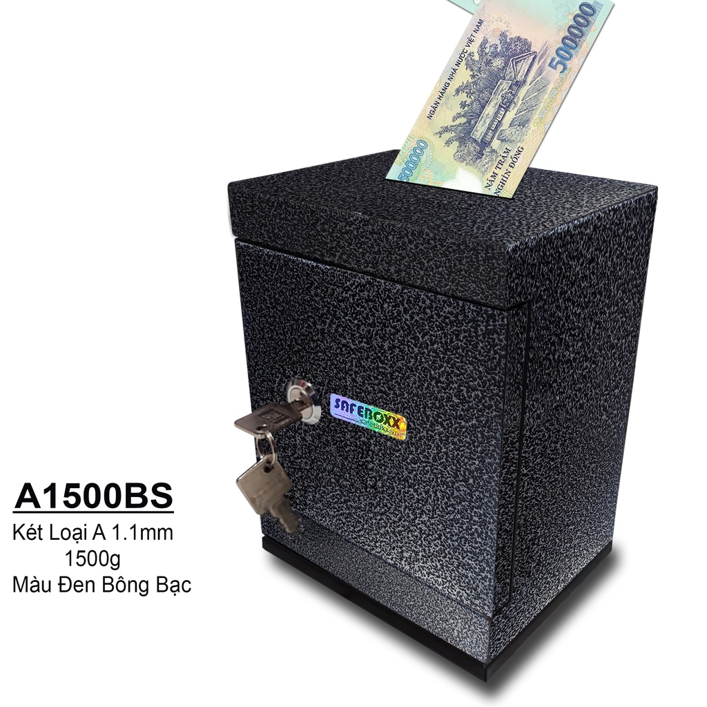 [Két A1500BS] Két sắt tiết kiệm mini 12x 15x 20cm trọng lượng từ 1,500g màu Đen Bông Bạc