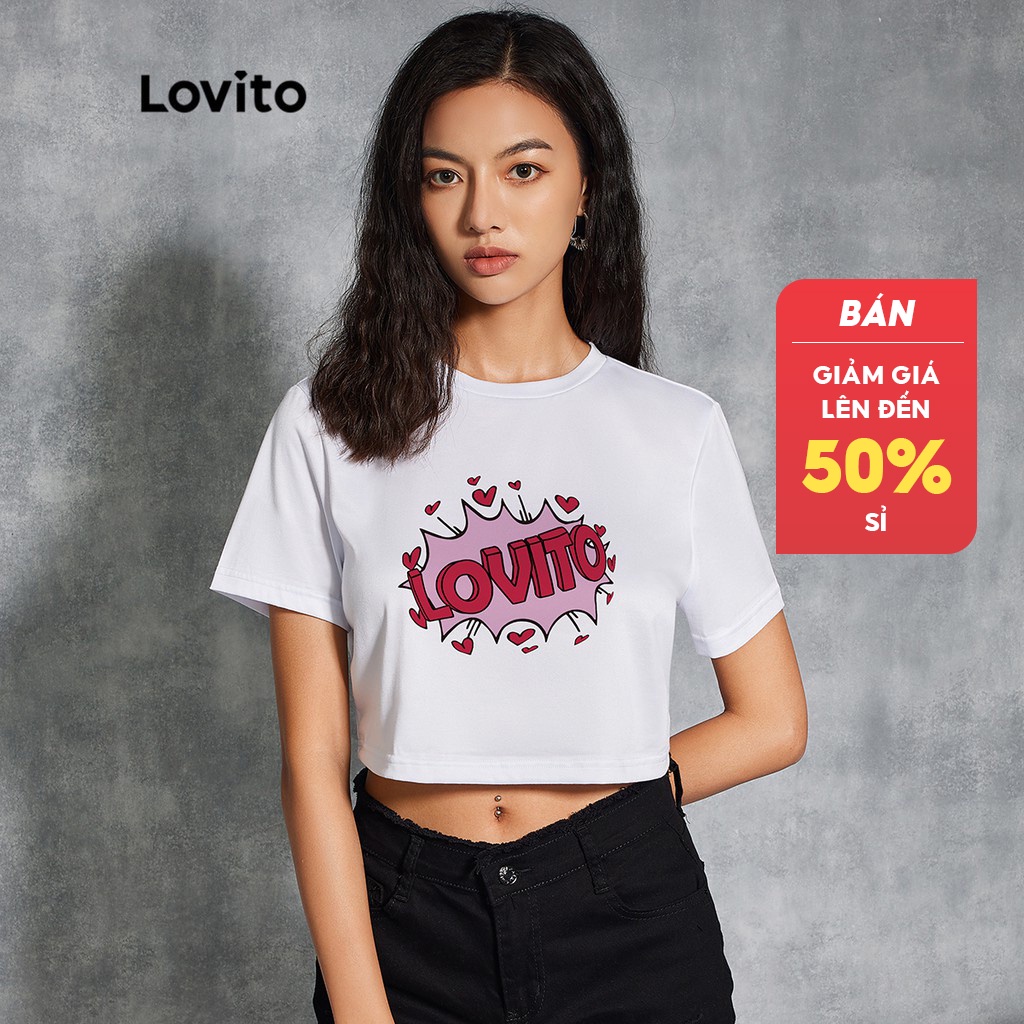 Áo thun Lovito tay ngắn cắt cúp in logo trái tim L01A010 (Trắng)