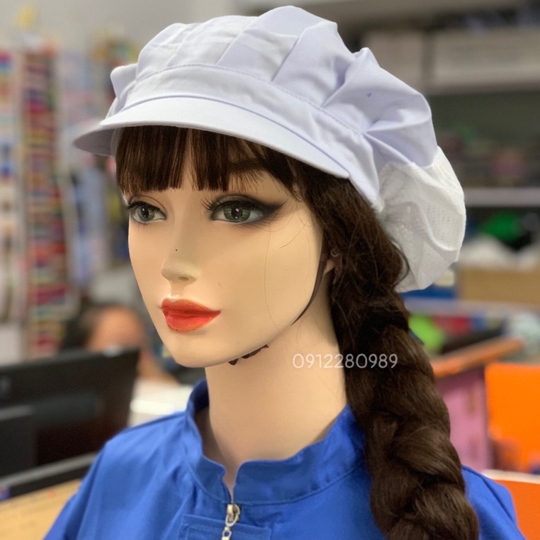 Nón thủy sản phối lưới, nón trùm tóc bảo hộ công nhân thực phẩm vải kaki _ Hình chụp thật