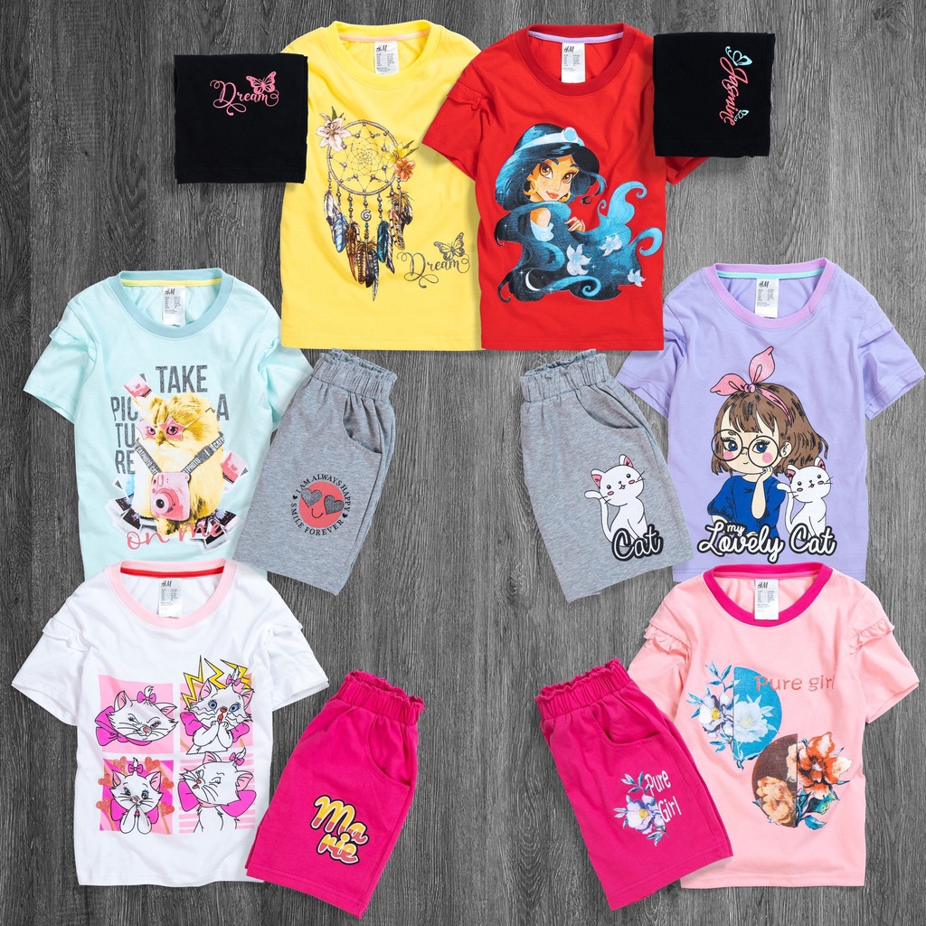Bộ quần áo H&M cho bé gái 2023 chất lượng cao vải cotton cực đẹp in nhũ hoạt hình cartoon không bong tróc Uyên Kids