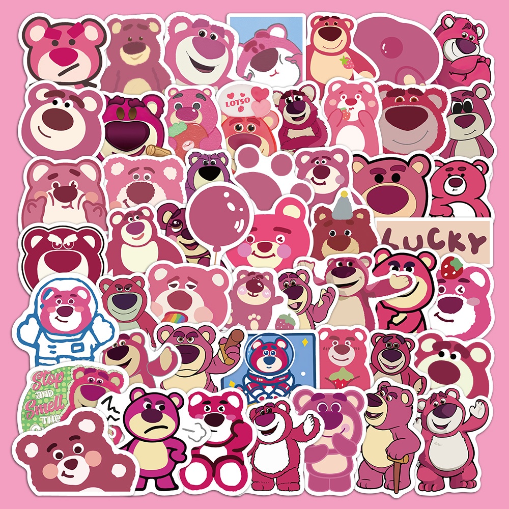 Set 50 sticker hình dán Gấu Lotso dâu tây chống thấm nước