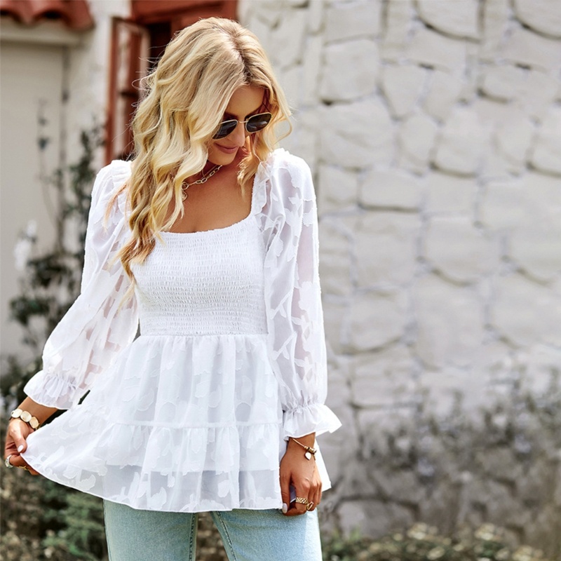 Áo Kiểu Tay Phồng Cổ Vuông 3 / 4 Họa Tiết Hoa Xinh Xắn Thời Trang Cho Nữ