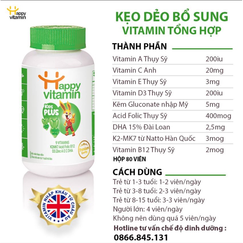 [Túi nhỏ] Kẹo dẻo Vitamin tổng hợp cho bé Kids Plus+ D3K2,A,B12,C,DHA  con ăn ngon, tăng đề kháng - Happy Vitamin