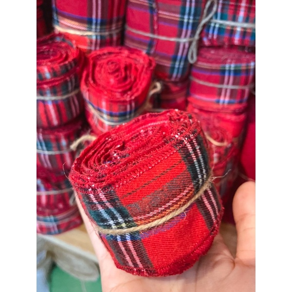 Ruy băng vải đỏ caro trang trí Noel chiều dài 5 Mét