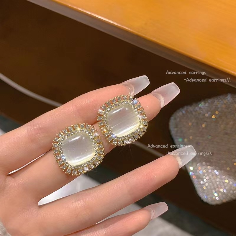 Bông tai nữ AY hình vuông đính đá opal thanh lịch thời trang