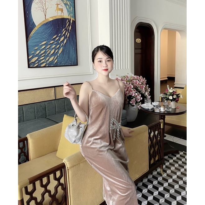 Váy 2 dây nhung đính nơ đá sườn, đầm nhung cao cấp