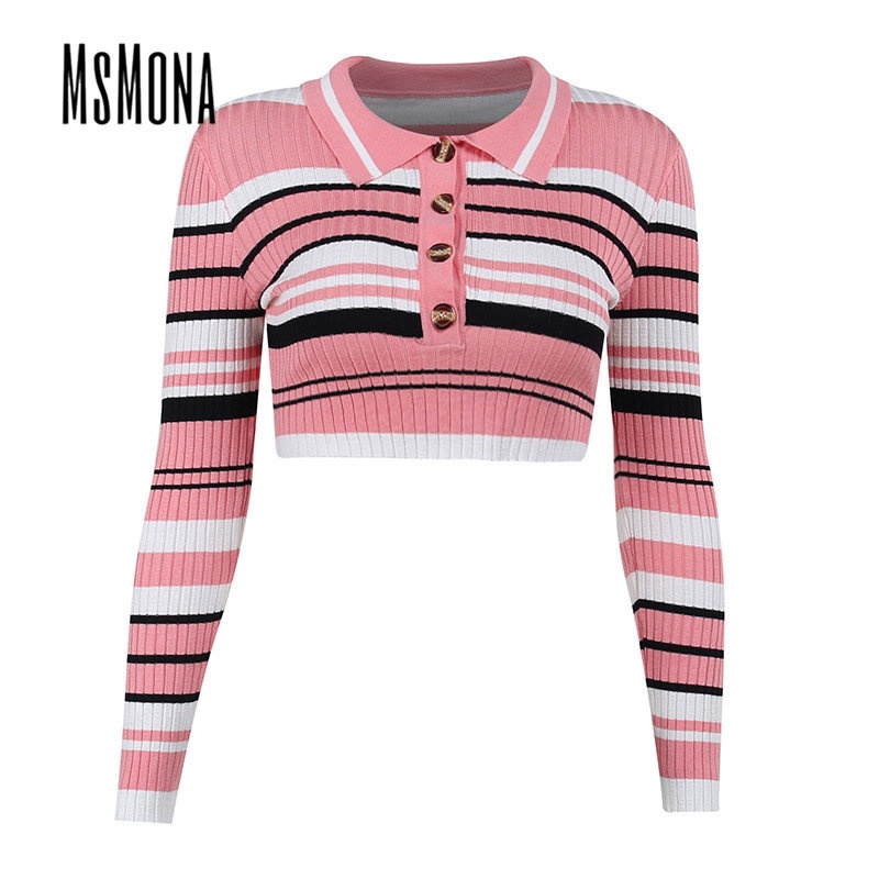 MsMona Áo Thun Polo Dệt Kim Tay Dài Dáng Ôm Họa Tiết Kẻ Sọc Màu Tương Phản Thời Trang 2022 Cho Nữ